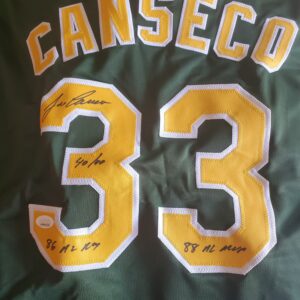 Jose Canseco Signed Green Oakland A's Jersey JSA- Multiple Inscriptions